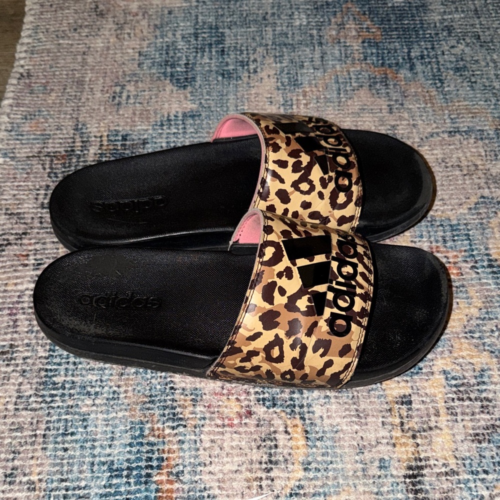 Adidas Women's Leopard Print Slide Sandals - Black and Brown